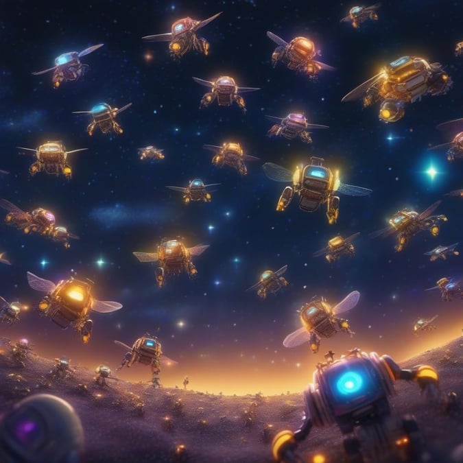 This stunning wallpaper features a swarm of robots floating in space, creating a futuristic and otherworldly scene. The robots are depicted in various shapes and sizes, with glowing blue and yellow lights illuminating their bodies. The background is a deep, starry night sky, with a few planets visible in the distance. This image is perfect for anyone who loves science fiction and technology.