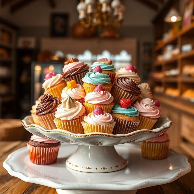 A charming assortment of colorful cupcakes, each decorated with a delightful array of frosting and toppings, ready to bring a smile to your day.