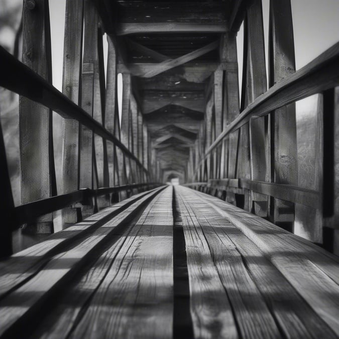 A tranquil scene on an old wooden bridge, captured in black and white. Walk along the planks and feel the history beneath your feet.