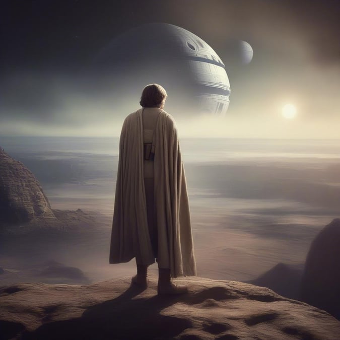 In this quiet moment, Luke Skywalker stands at the edge of the rocky landscape that is so familiar to him. He gazes into the distance where a spaceship looms, symbolic of his destiny and the epic Star Wars saga he embarks on.