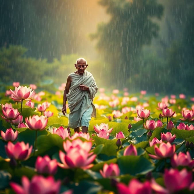 This serene image features Mahatma Gandhi standing amidst a field of lotus flowers, a symbol of peace and spirituality. The image captures the essence of Gandhi's philosophy of non-violence and harmony with nature.