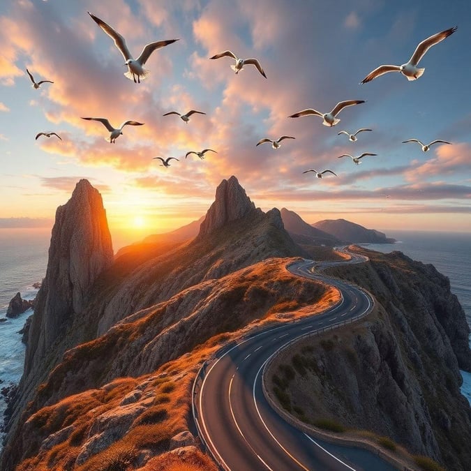 Embrace the freedom of an open road as the sun sets, with a stunning view of rocky cliffs in the background and birds soaring overhead. This scene embodies the spirit of adventure and the serenity of travel.