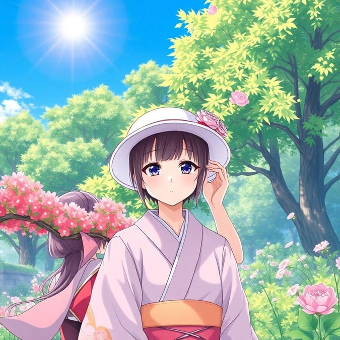 This beautiful anime girl is surrounded by the serene beauty of a garden, with a clear blue sky and lush greenery. She is dressed in a traditional kimono and hat, adding to the tranquil atmosphere.