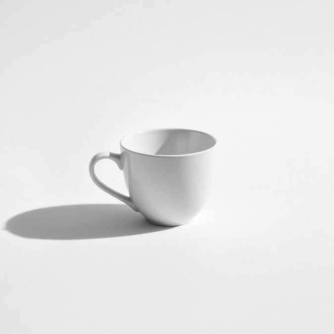 A classic white mug sits solo on a pristine backdrop, casting a subtle shadow behind. The minimalist appeal of the mug adds to its charm.