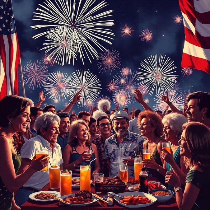 A festive scene capturing the joy and patriotism of Independence Day in America, with fireworks lighting up the sky and a crowd celebrating.