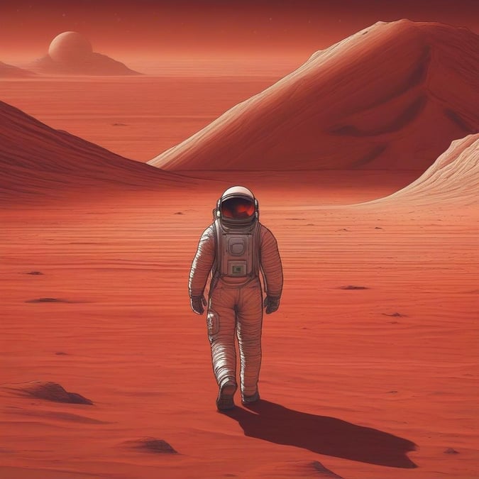 This stunning wallpaper image captures the essence of space exploration, featuring an astronaut walking on Mars. The image is set against a breathtaking backdrop of the Martian landscape, complete with towering mountains and valleys. The astronaut's suit is a striking contrast to the desolate, yet beautiful, environment. This image is perfect for anyone who loves science fiction, space travel, or simply appreciates the beauty of our solar system.