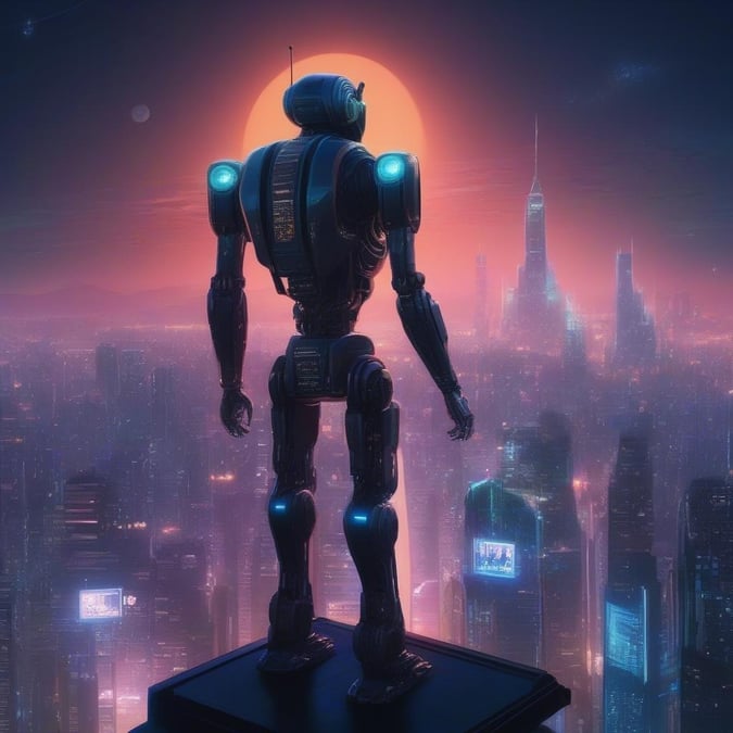 This futuristic scene captures a moment between humanity and its robotic friends, where city skylines stretch into the evening sky under the watchful gaze of an AI assistant.