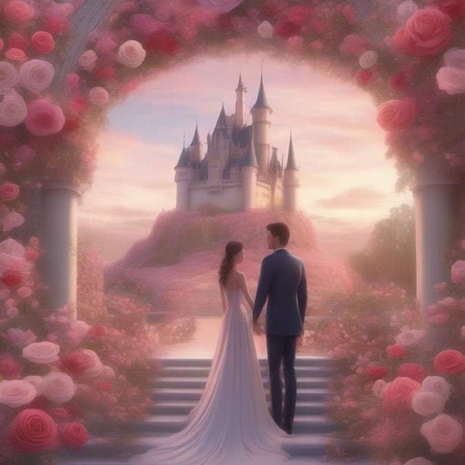 Bride and groom walking towards their castle wedding, basked in the magical glow of rose petals, on a romantic Valentine's Day.