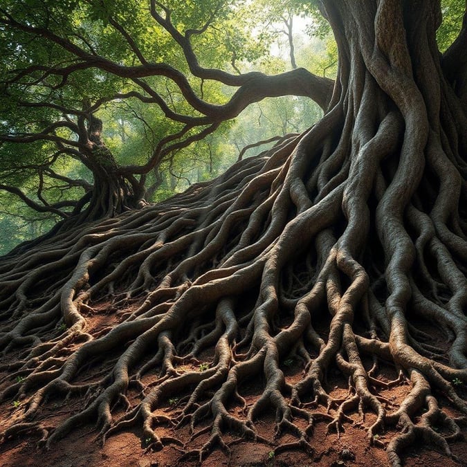 This image captures the majesty and resilience of a tree that has grown to have an incredibly thick trunk. The knotty roots and sprawling branches suggest it is likely very old, possibly surviving harsh conditions over time. Its presence in the middle of a forest indicates its significance as a part of this ecosystem. The image exudes a sense of tranquility and could serve as a desktop wallpaper to bring a touch of nature into one's daily routine.