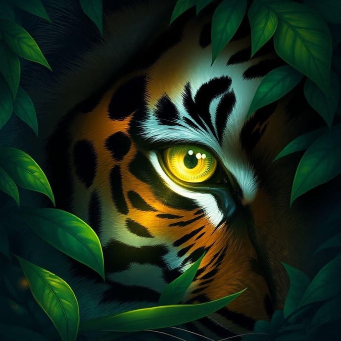 This digital artwork captures the essence of a tiger's wild beauty, peeking through the lush green foliage of its jungle home. It's a stunning depiction of one of nature's most powerful creatures.