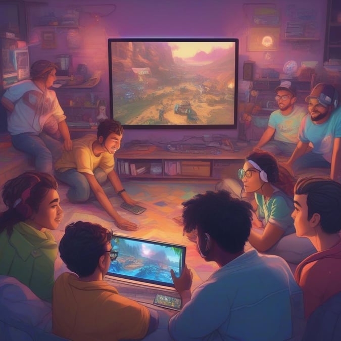 This image captures the essence of a gaming community, where friends gather to share their love for games and compete in a fun and friendly environment.