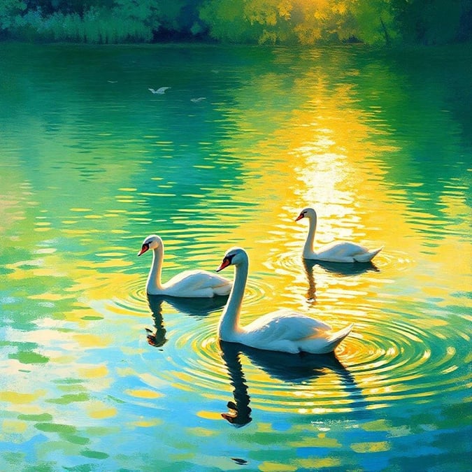 This beautiful wallpaper features a tranquil scene of swans gliding effortlessly across a lake, surrounded by lush greenery and vibrant flowers. The image exudes a sense of peace and serenity, making it perfect for desktop and mobile use.