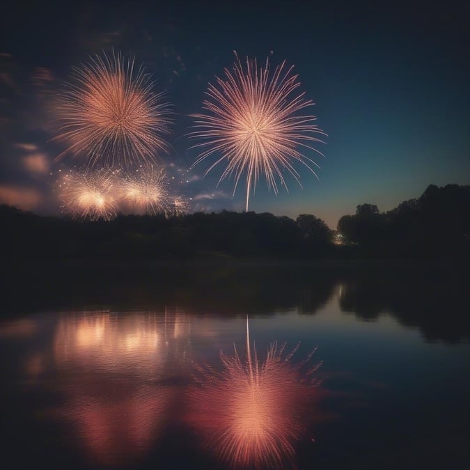 Celebrate Independence Day with this stunning wallpaper featuring fireworks exploding over a serene lake. The vibrant colors and dynamic display create a festive and patriotic atmosphere, perfect for adding a touch of American pride to your desktop or mobile device.