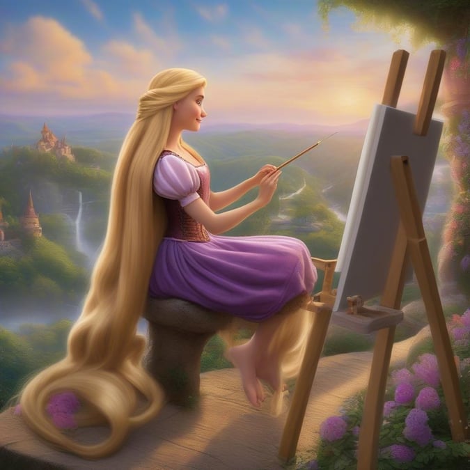 Immerse yourself in the enchanting world of Disney with this stunning wallpaper featuring Rapunzel lost in her artistic passion, surrounded by vibrant colors and whimsical elements.