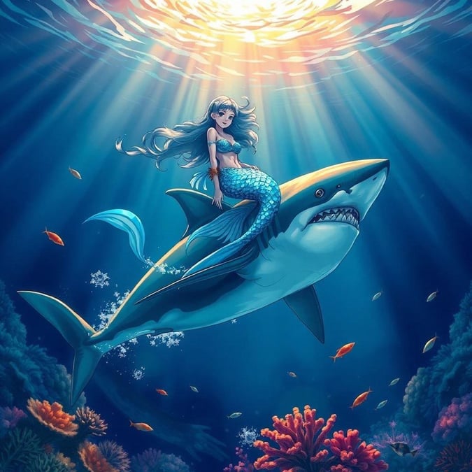 This captivating anime illustration showcases a mermaid riding a great white shark, set against a backdrop of dark blue water. The detailed artwork captures the essence of motion and movement, with a splash of color adding vibrancy to the scene.