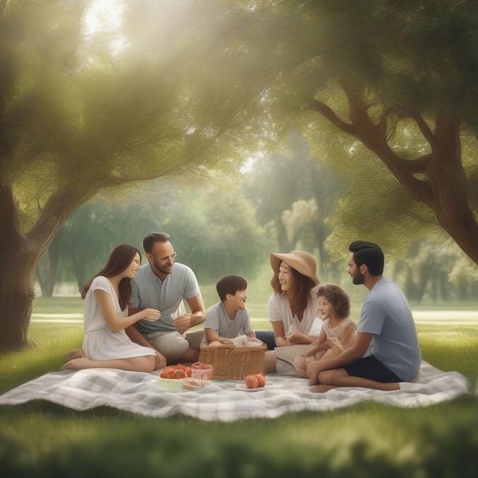 A heartwarming scene of a family of six enjoying a picnic in the park on a sunny day. The family is dressed in casual attire and is surrounded by a picnic basket and a few fruits. The atmosphere is relaxed and joyful, with the family laughing and chatting together.