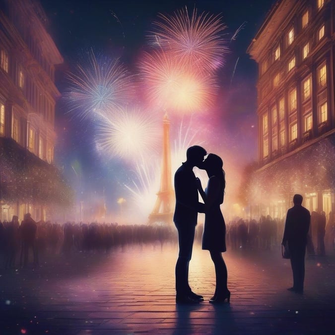 Celebrate the start of a new year with this romantic couple sharing a tender kiss in front of the iconic Eiffel Tower. The scene is bathed in the glow of fireworks, adding to the festive atmosphere.