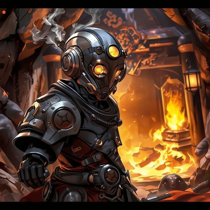 This captivating anime-style illustration features a robot in a steampunk-inspired outfit navigating through an underground shrine. The dark background is illuminated by warm light, creating an enigmatic atmosphere.