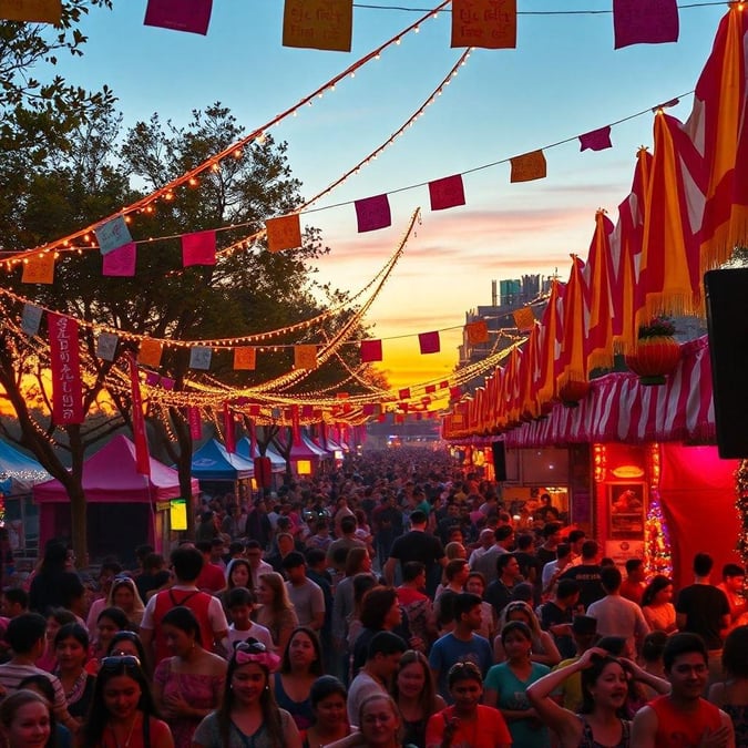 This bustling scene captures the lively atmosphere of a street festival during sunset. The market is filled with people walking around, exploring stalls selling souvenirs and local crafts. The colorful flags hanging above add to the festive ambiance, while string lights illuminate the area as dusk falls.