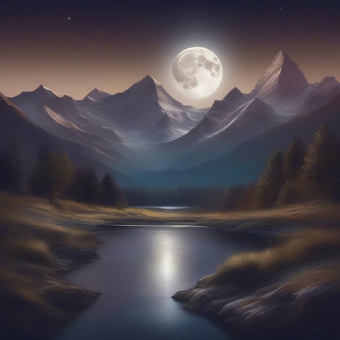 A serene night scene featuring a majestic mountain range under the full moon. The tranquil water of a river reflects the glowing moon and stars, enhancing the peaceful ambiance of this picturesque wilderness scene.