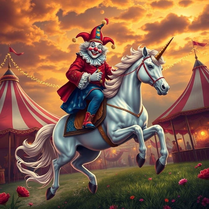 A clown rides a unicorn in front of a colorful carnival backdrop, creating a playful and imaginative scene.