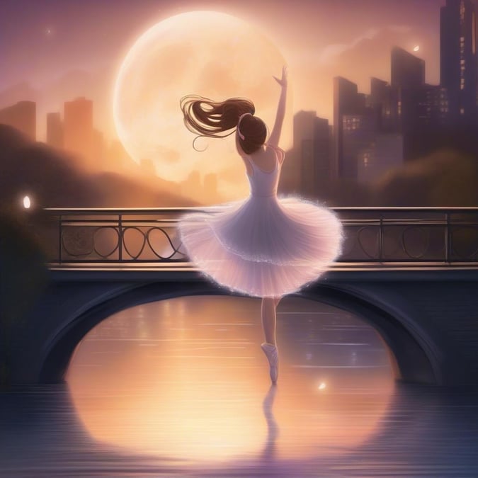 En graciös ballerina snurrar under det mjuka skenet av fullmånen, hennes hår som ett flödande vattenfall, mot en vackert suddig stadsbild. Denna anime-inspirerade tapet fångar ett ögonblick av lugn elegans.