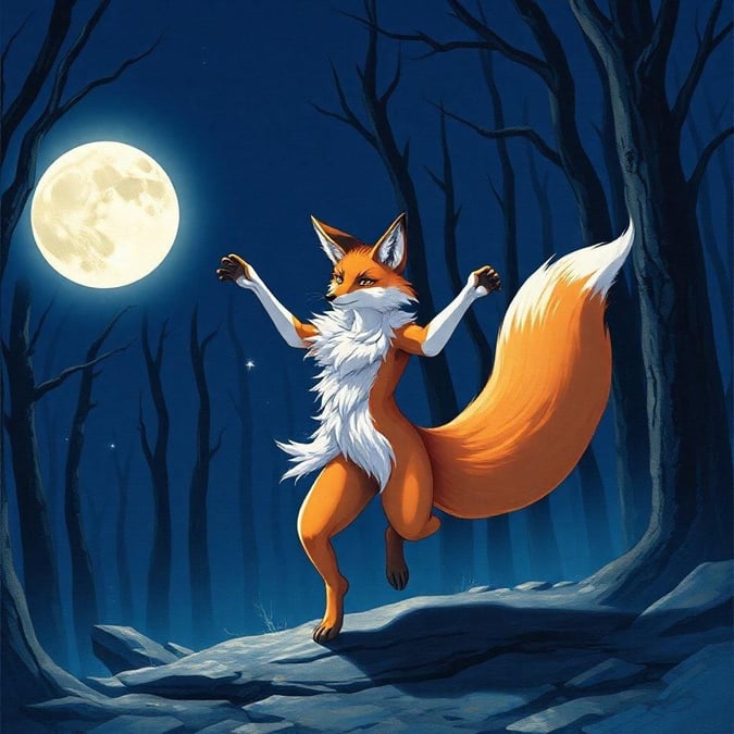 Get ready to be mesmerized by this stunning anime illustration of a fox spirit dancing under the moonlight in an ancient forest. The fox's vibrant orange fur and white fur are perfectly captured, and its energetic pose is sure to captivate you. The full moon's glow adds a touch of magic to the scene, making it feel like you're witnessing a real-life fantasy come to life.