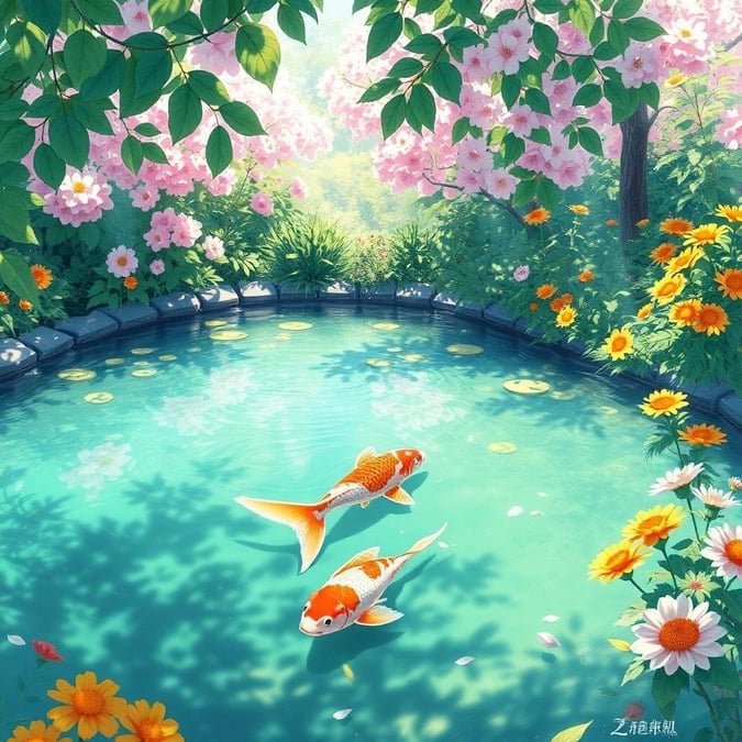 A serene anime-style illustration featuring a tranquil pond with a koi fish swimming beneath it, surrounded by a vibrant garden of greenery. The peaceful scene, with its harmonious colors and detailed composition, captures a peaceful moment in nature.