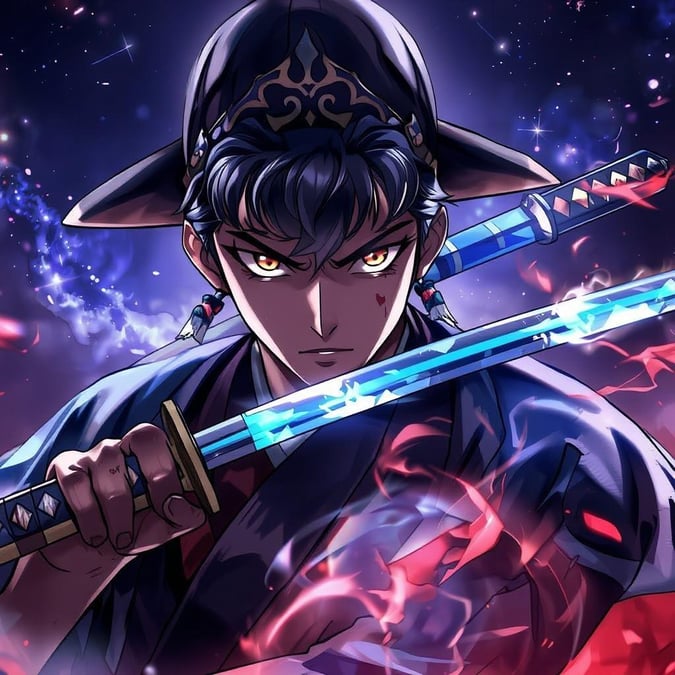 Abraza el espíritu del honor con esta detallada ilustración de anime de un guerrero samurái. Adornado con una túnica y un sombrero negros, corta a través de un cielo estrellado con su vibrante katana azul y verde. Sus ojos expresivos están fijos en el espectador, como si lo desafiaran a enfrentarse a su mirada.