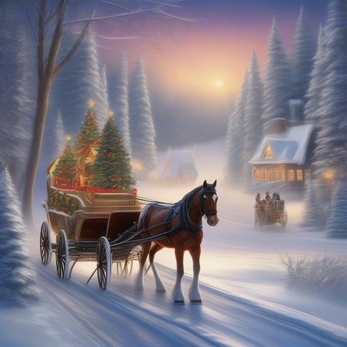 Get into the holiday spirit with this beautiful Christmas wallpaper, featuring a serene winter landscape with snow-covered trees, a frozen lake, and a horse-drawn sleigh. Perfect for decorating your desktop or mobile device this holiday season.