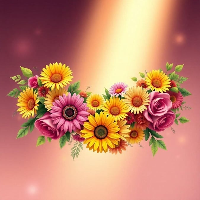 A vibrant bouquet in bloom, with sunflowers and roses forming a wreath. This wallpaper is perfect for desktop and mobile devices and adds a touch of nature's beauty to any screen.