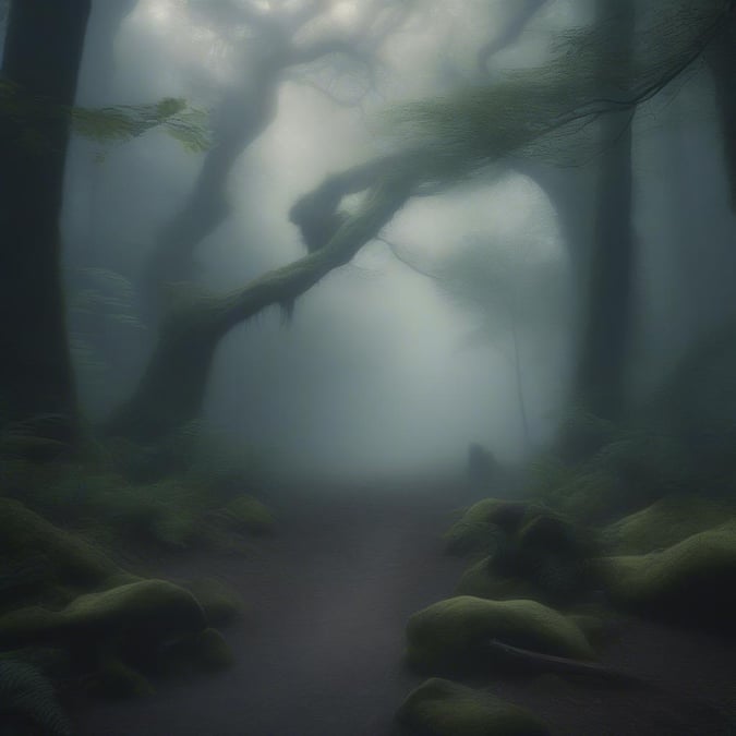 This image captures the enchanting beauty of a forest bathed in mist, where the interplay of light and shadow creates an otherworldly atmosphere.