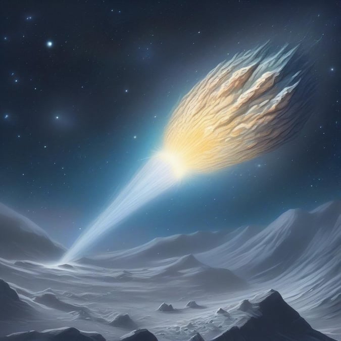 A mesmerizing depiction of an asteroid explosion against the backdrop of a starlit sky, with barren, icy planets below.