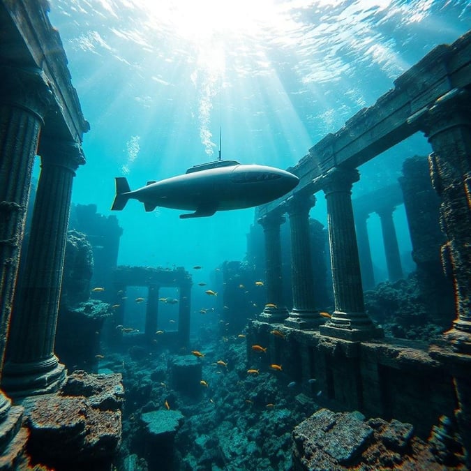 Discover ancient ruins beneath the ocean waves, teeming with marine life and colorful coral formations. Dive into the heart of an underwater world that defies time, where history and nature coexist in a symphony of colors.