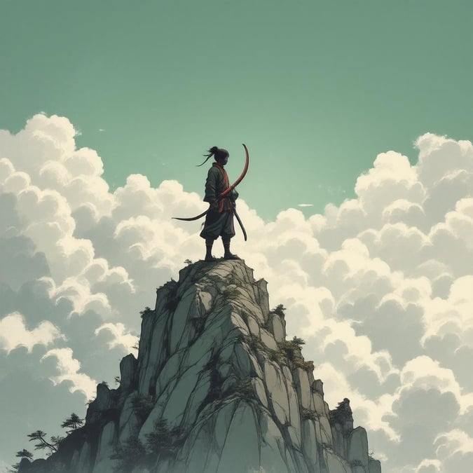 Get ready to immerse yourself in the world of anime with this stunning wallpaper featuring a lone ninja standing atop a majestic mountain peak, surrounded by wispy clouds and a muted green sky.