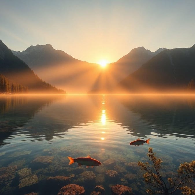 Wake up to the breathtaking sight of a sunrise reflecting on the tranquil waters of a mountain lake. Golden rays pierce through the fog, casting a warm glow over the landscape.