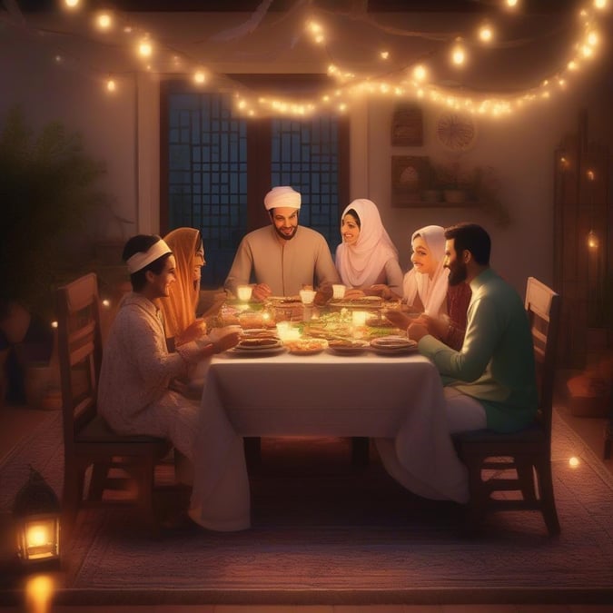 A heartwarming scene of a family coming together to celebrate Ramadan, surrounded by the warm glow of string lights and the joy of shared moments.