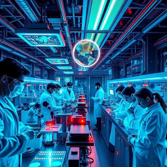 A group of scientists diligently working in a high-tech laboratory, focused on cutting-edge research.