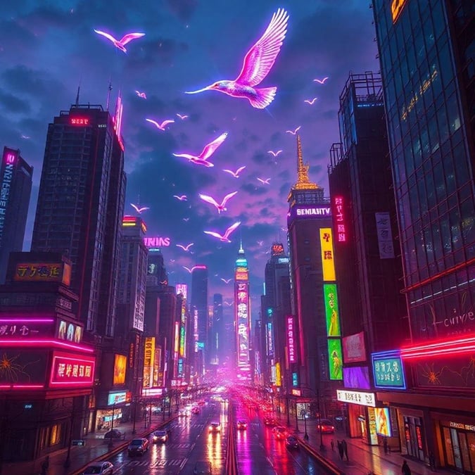 Bright neon lights illuminate the futuristic city streets after a rainfall, with flying drones and holographic advertisements adding to the sci-fi ambiance.