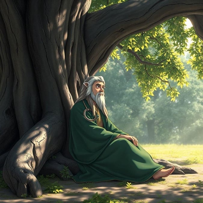 A close-up view of an animated sage, donned in a wise old badger hat, sitting under the shade of a large cedar tree. The serene atmosphere and tranquil setting suggest a moment of contemplation or reflection.