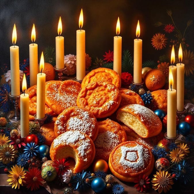 This beautiful Hanukkah wallpaper captures the essence of the holiday, featuring a stunning display of sufganiyot, or jelly-filled donuts, surrounded by candles and flowers. The image is a perfect representation of the joy and festivity of Hanukkah, making it a great addition to any desktop or mobile device.