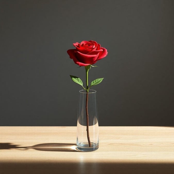 A simple, elegant vase with one red rose in water, evoking serenity and love in a minimalistic design that suits any desktop or mobile background.