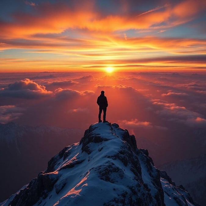 A person overlooking a stunning sunset with clouds in the sky from the top of a mountain. This wallpaper is perfect for celebrating New Year, symbolizing new beginnings and beautiful endings.