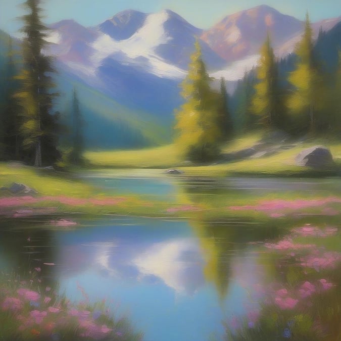 This image captures the breathtaking beauty of a serene landscape, with a tranquil lake at its center. The surrounding mountains and trees create a sense of depth and tranquility, while the clear blue sky adds a touch of warmth and coziness. This image is perfect for anyone looking to bring a sense of calm and serenity into their daily life.