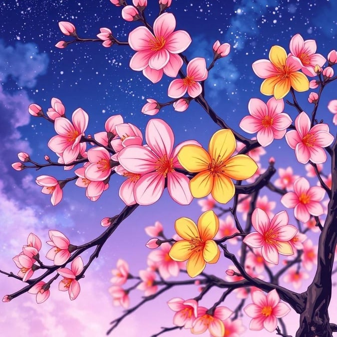 This stunning wallpaper features a beautiful cherry blossom tree with vibrant pink and orange flowers, set against a celestial background of blue and purple clouds. The central flower is a striking, symmetrical bloom, while the other two are a kaleidoscope of yellow and orange, creating a mesmerizing Anime-like effect.