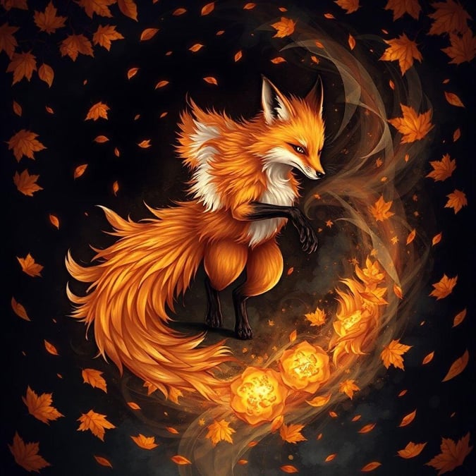 This captivating wallpaper features a detailed digital illustration of a fox spirit, its fur a vibrant mix of orange, yellow, and brown, set against a dark background. The fox is dancing in a swirling vortex of autumn leaves, creating an enchanting atmosphere that's perfect for desktop and mobile use.