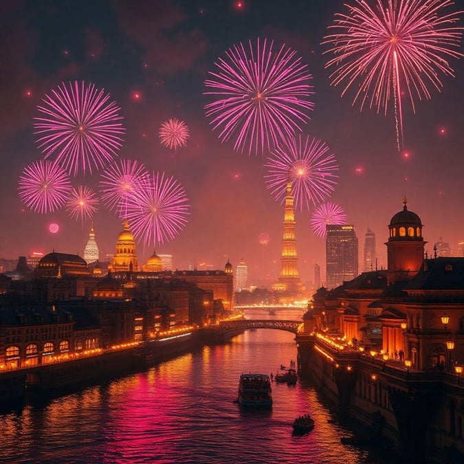 This stunning wallpaper captures the essence of Diwali, the festival of lights, with a breathtaking view of a city skyline illuminated by fireworks and a river flowing through it. The vibrant colors and dynamic lighting create a sense of energy and joy, perfect for celebrating this special occasion.