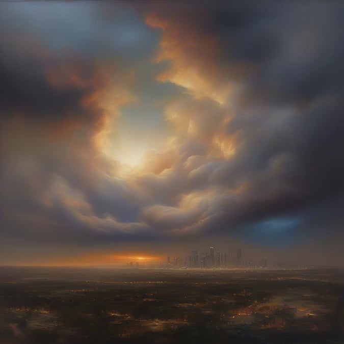 Vibrant sunset paints the sky over a city skyline, with towering clouds adding drama.