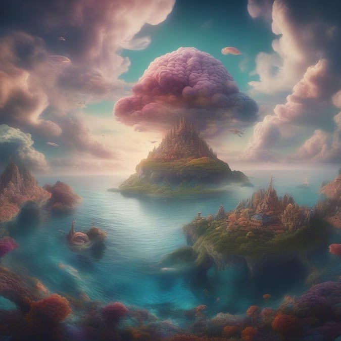 A fantastical scene with an island rising from the sea, topped by a castle. A pink cloud-like structure adds an otherworldly feel.