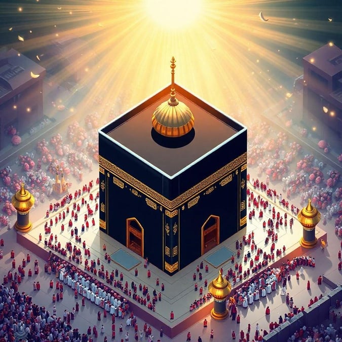 An animated illustration depicting a mosque bathed in the warm glow of sunset during the holy month of Ramadan, with people gathering around to celebrate and mark the end of the fast.